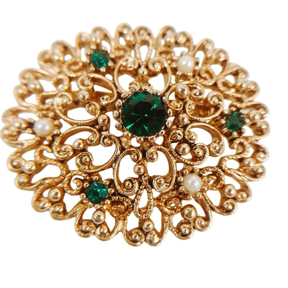 Vintage Signed JJ Filigree Brooch Gold Tone Rhinestone and Faux Pearl 1970s Pin